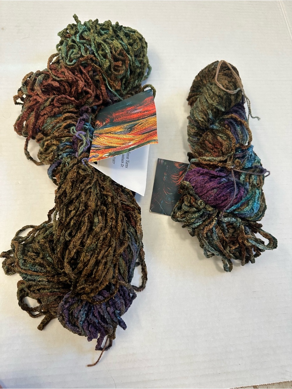 Blue Heron Yarns Feather Rayon Chenille lot of 2 Yarn - Green, Brown, Purple.